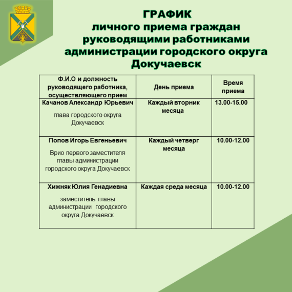 График личного приема граждан руководящими работниками администрации городского округа Докучаевск. График личного приема граждан руководящими работниками администрации городского округа Докучаевск.